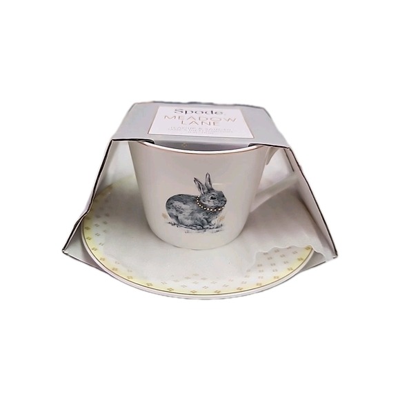 NWT Spode Meadow Lane Cup & Saucer 11394153 Gray Bunny W/Gold Necklace Easter - Picture 1 of 5